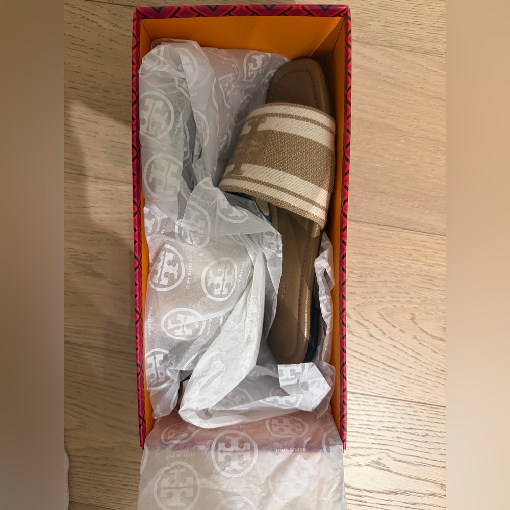 Tory Burch Double T Jacquard Slide, cammello/ash white, size 6 - Picture 4 of 5